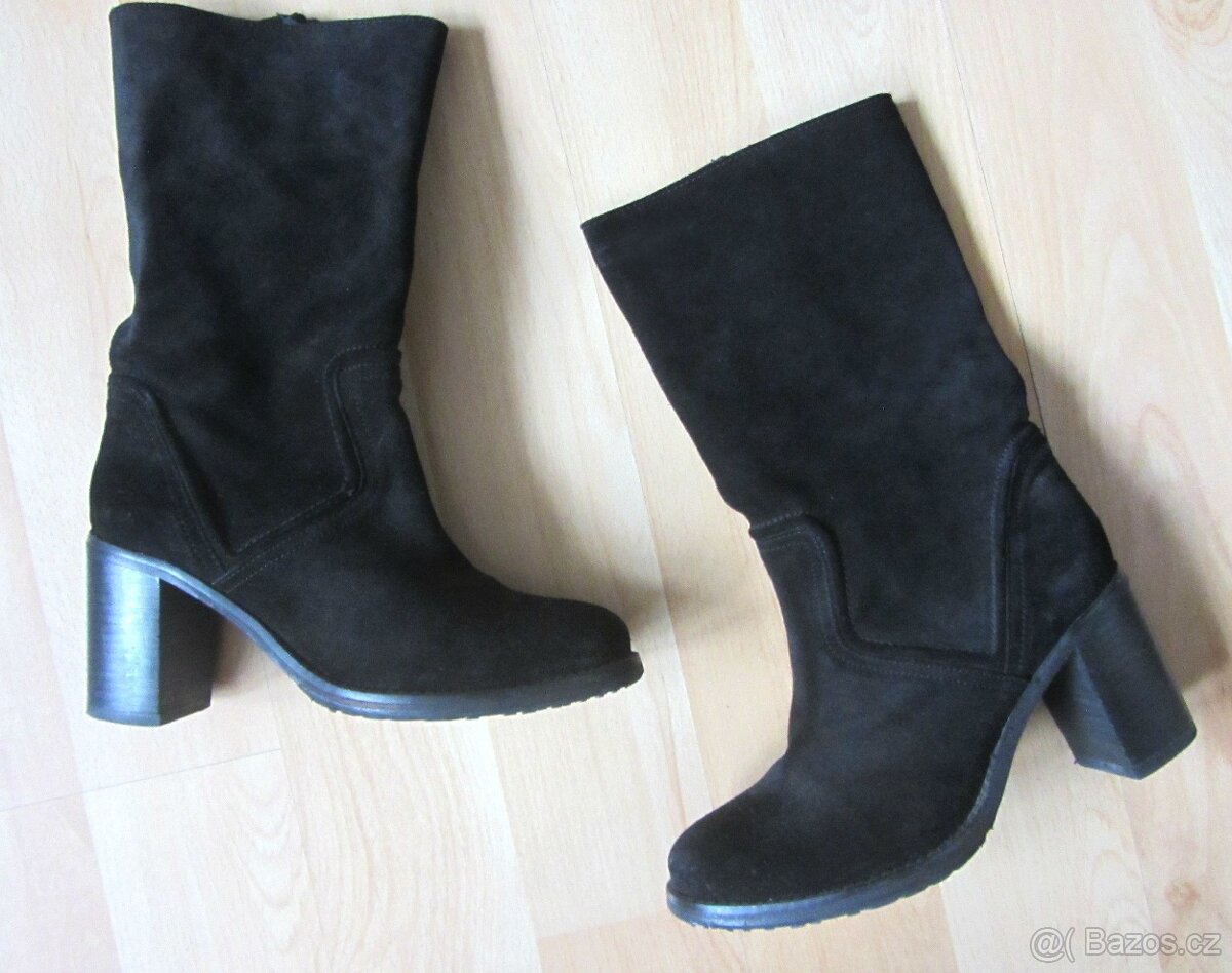 Černé kožené semišové kozačky na stabilním podpatku - 5