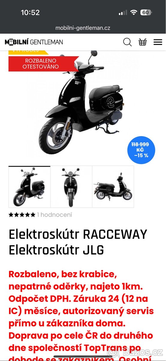 RACCEWAY Elektroskútr JLG. Rozbaleno, odpocet DPH. Zaruka - 5