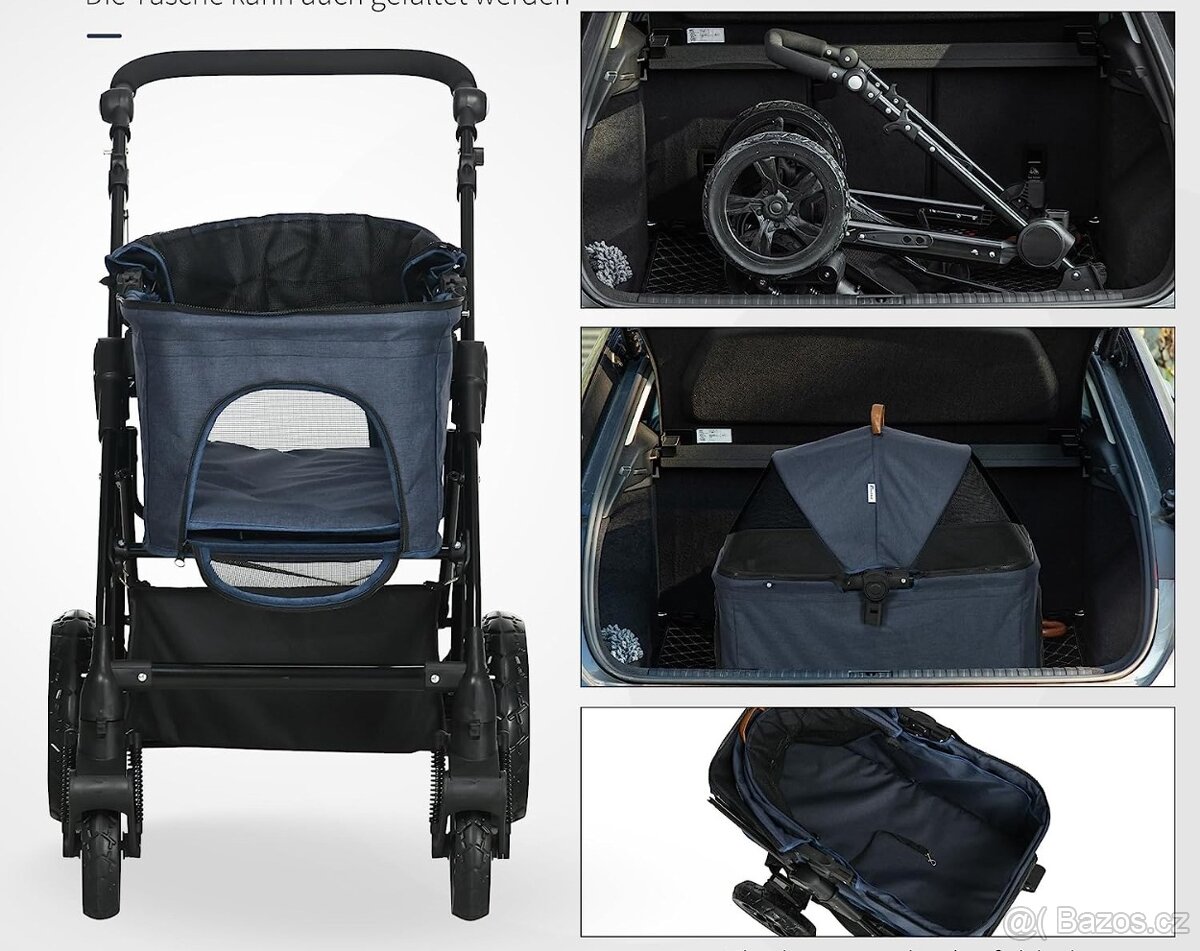 PawHut odpružený kočárek pro psy 2v1 tm. modrý - 5