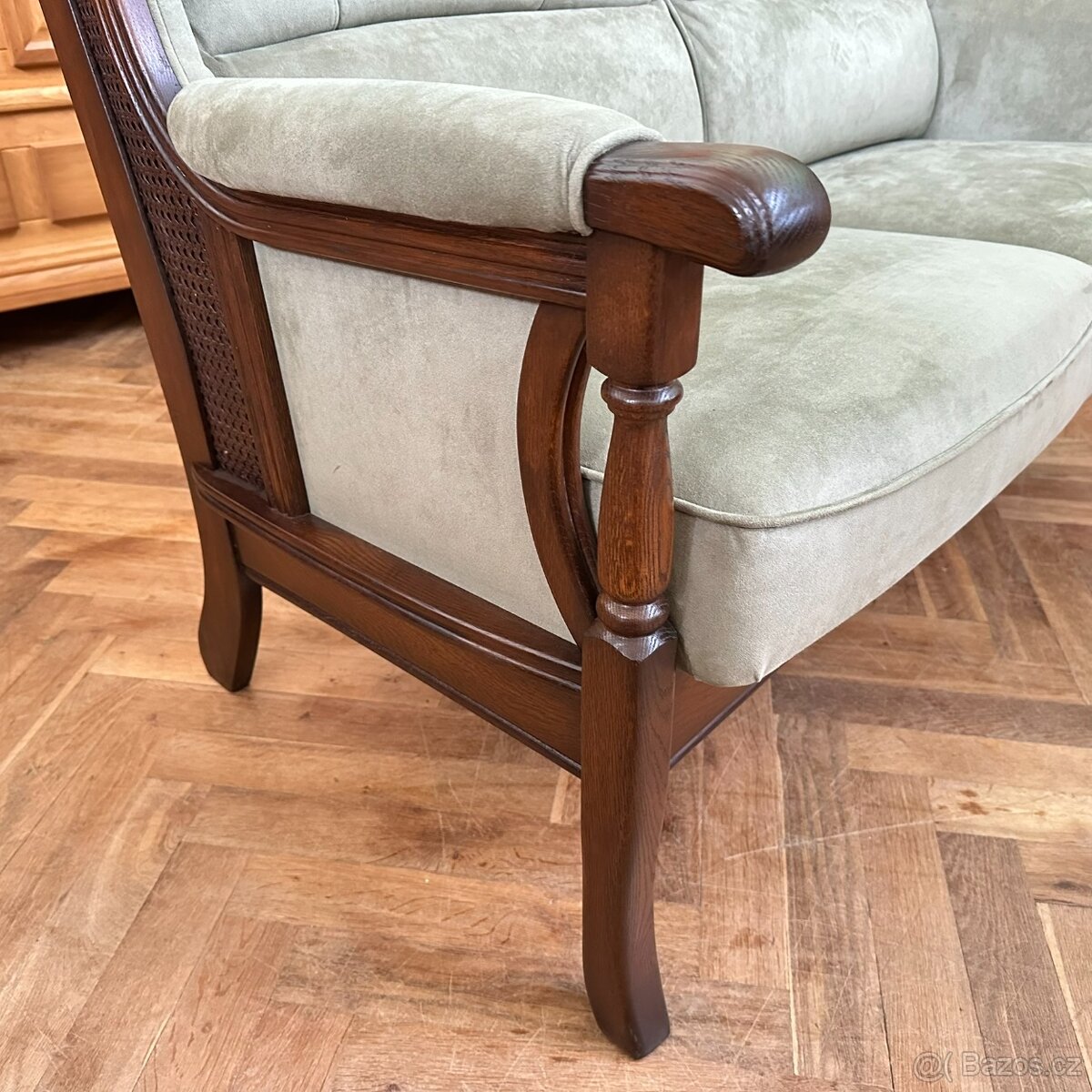 Gauč zelenkavé čal. tmavý dub masiv - 5