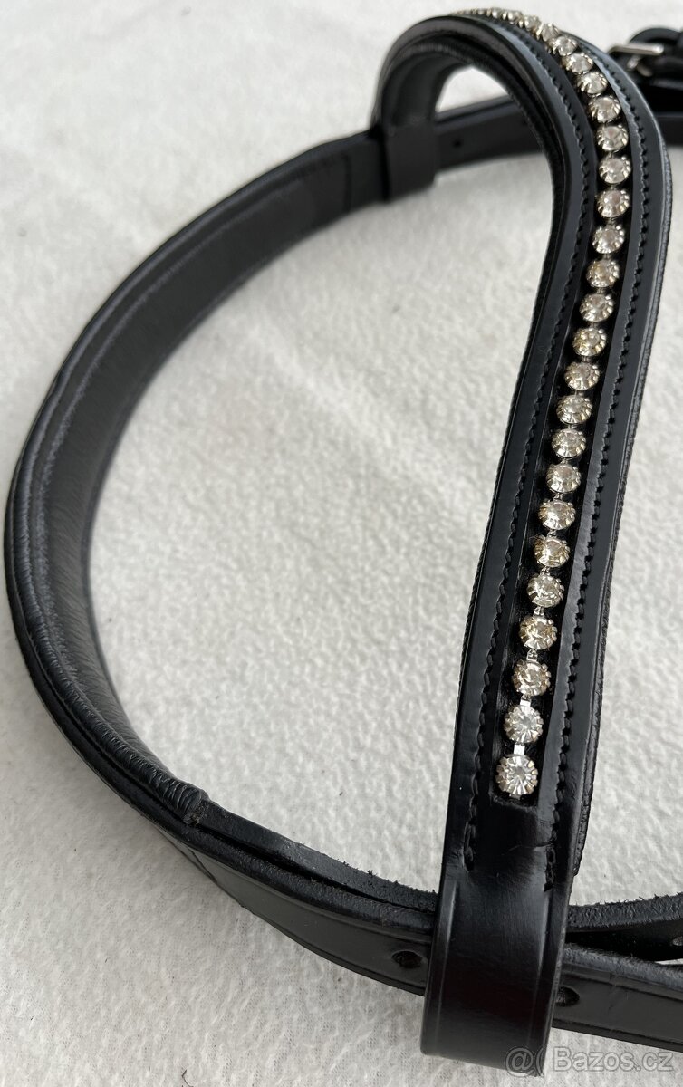 Uzdečka anglická černá s čelenkou s bílými krystaly + otěže - 5