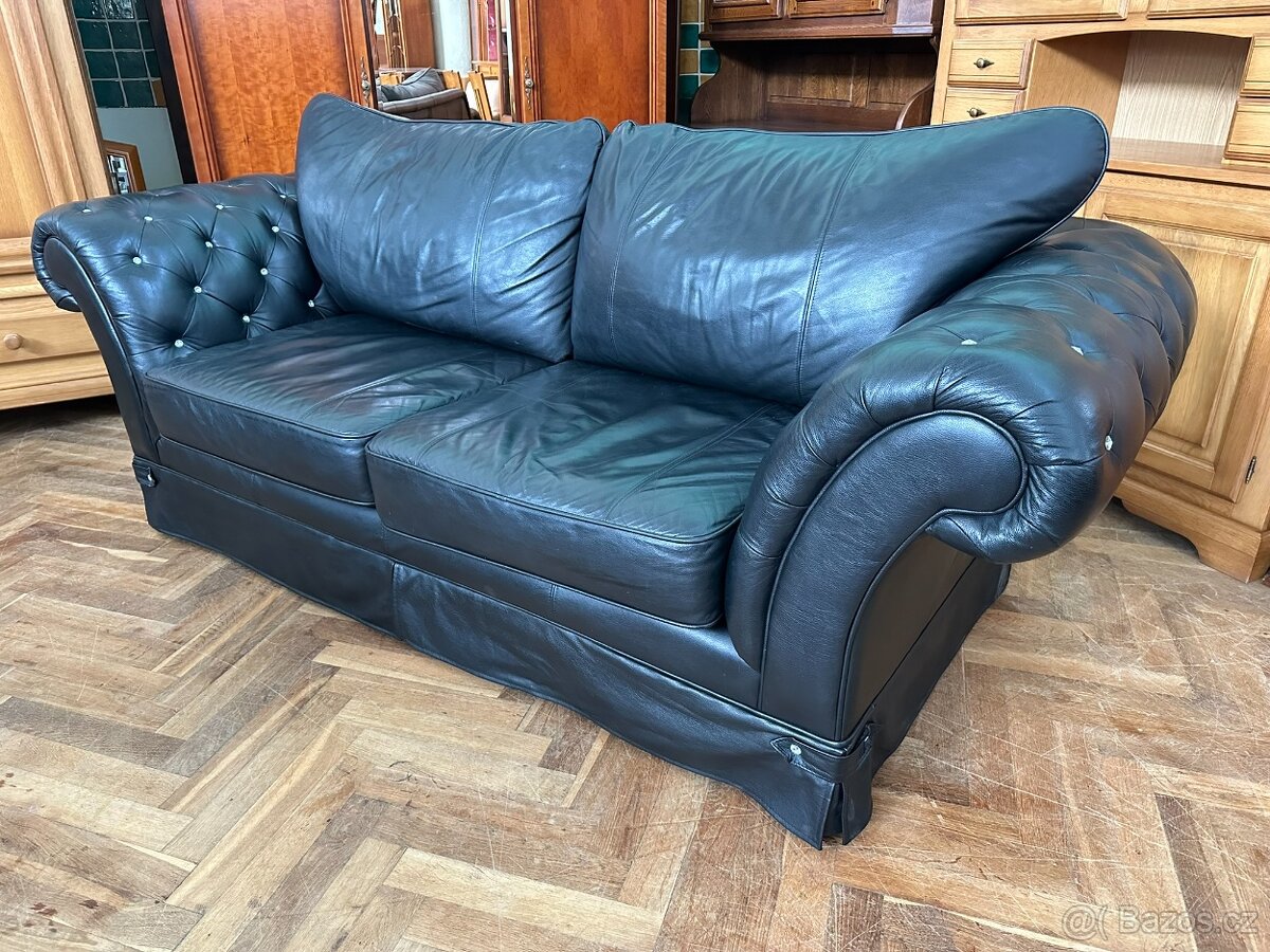 Chesterfield kožená sedací souprava 3+1 černá, - 5