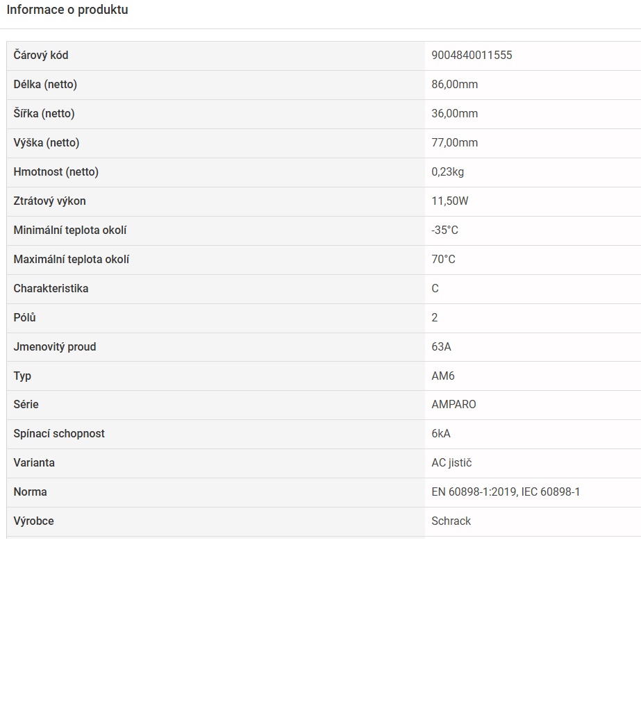 Instalační jistič SCHRACK AMPARO 6kA, C 63A, 2P - 430ks - 5