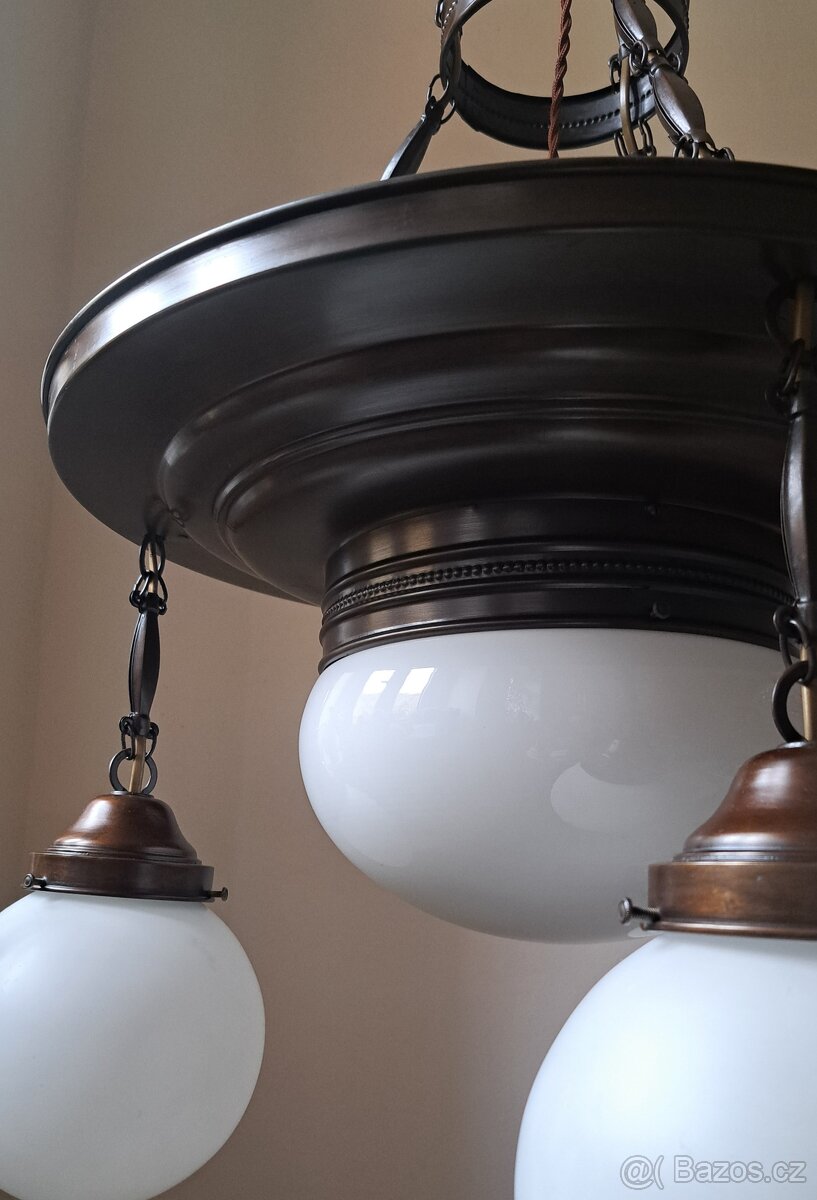 Starožitný secesní lustr, patinovaná mosaz, secese.. - 5