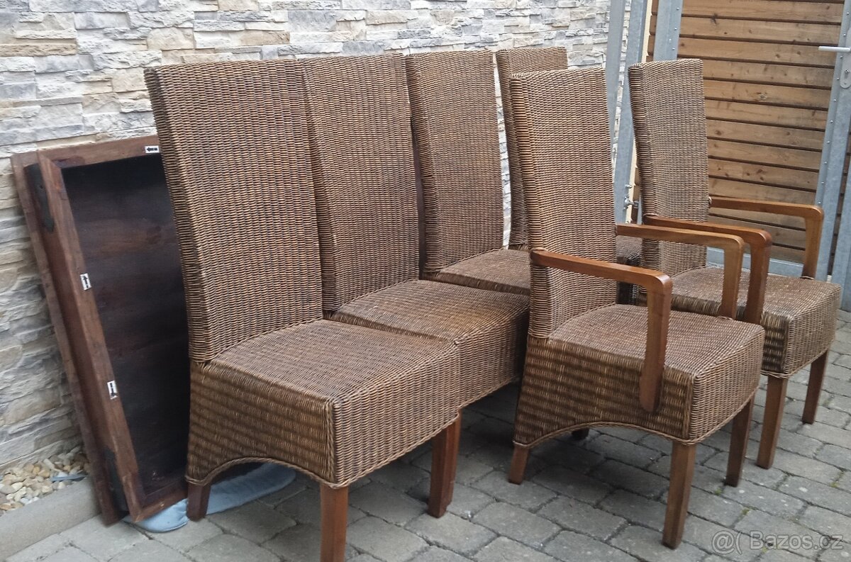 Jídelní masivní dřevěný stůl palisandr+6 ratanových židlí - 5