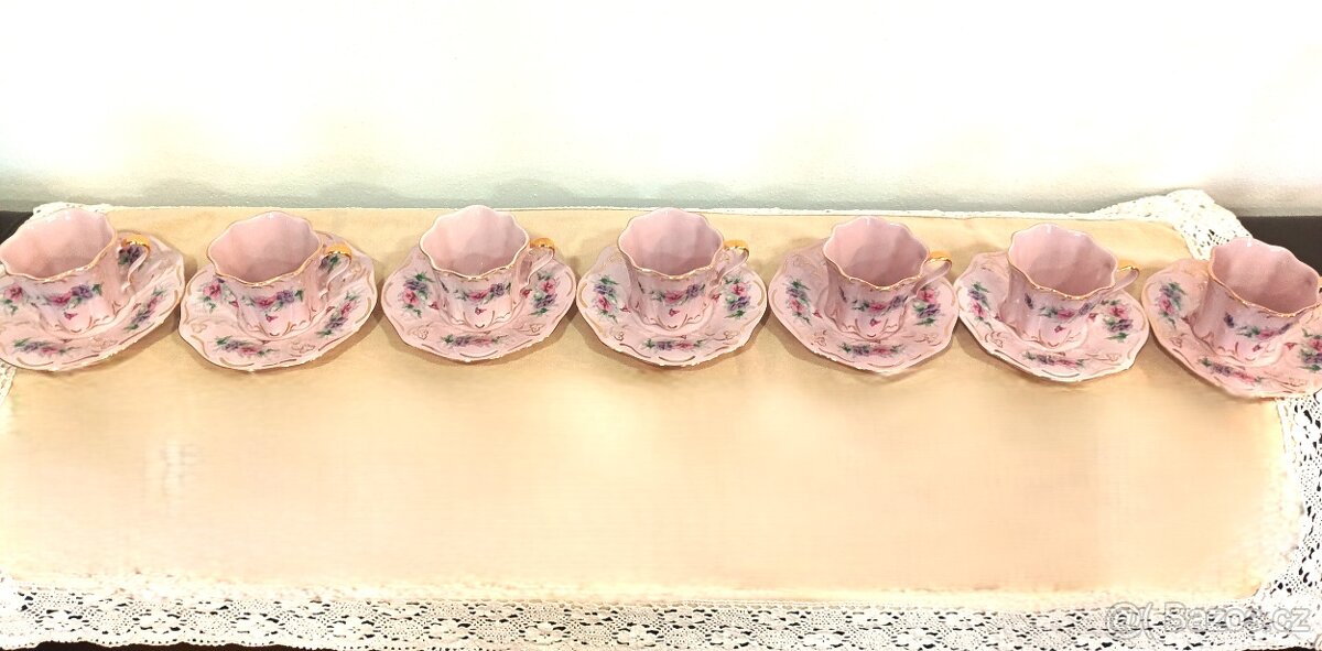 Růžový porcelán - retro, krásná čajová souprava - 5