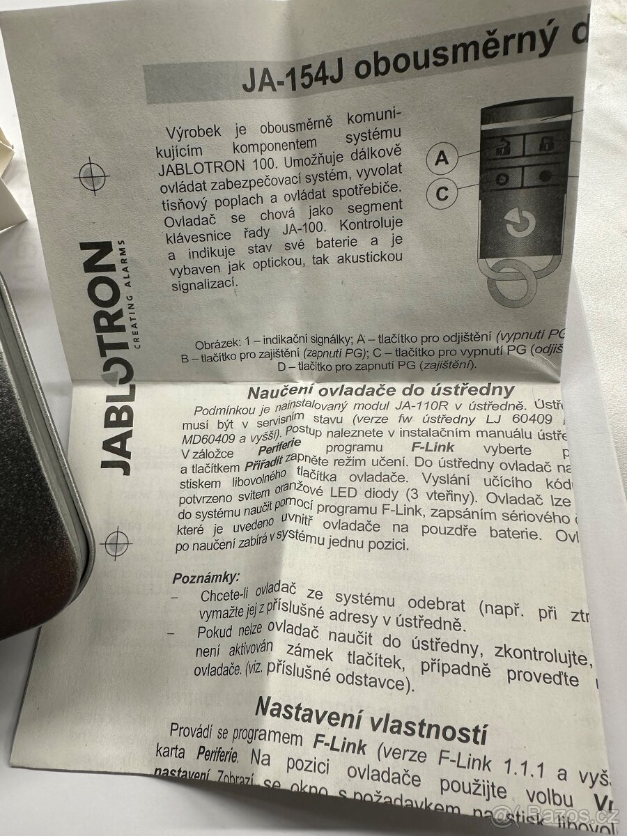 NOVÝ-NEPOUŽTÝ DÁLKOVÝ OVLADAČ,JABLOTRON JA-154J MS - 5