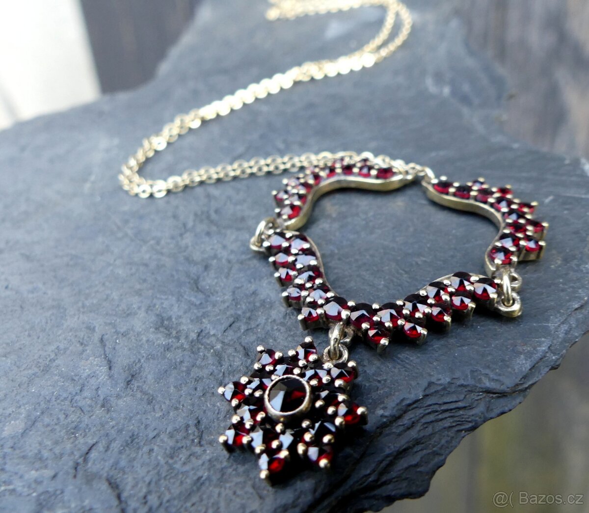 Šperky české granáty, koliér, brože, jehlice, stříbro tombak - 5