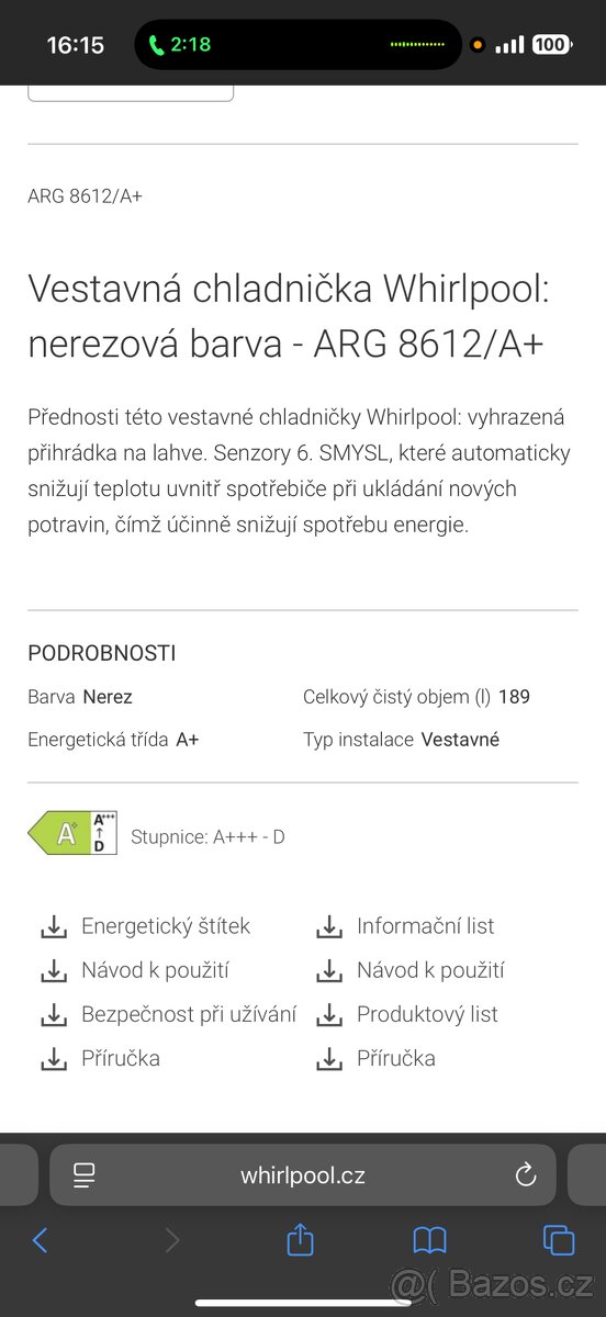 Vestavěná lednička 122cm whirlpool ARG 8612A+ - 5