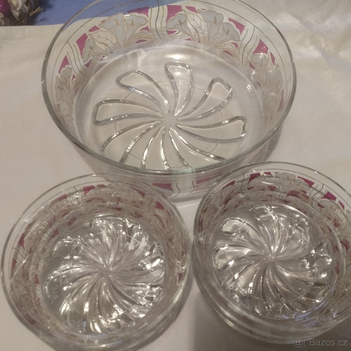 retro broušená sada mísa + 6 misek - 5