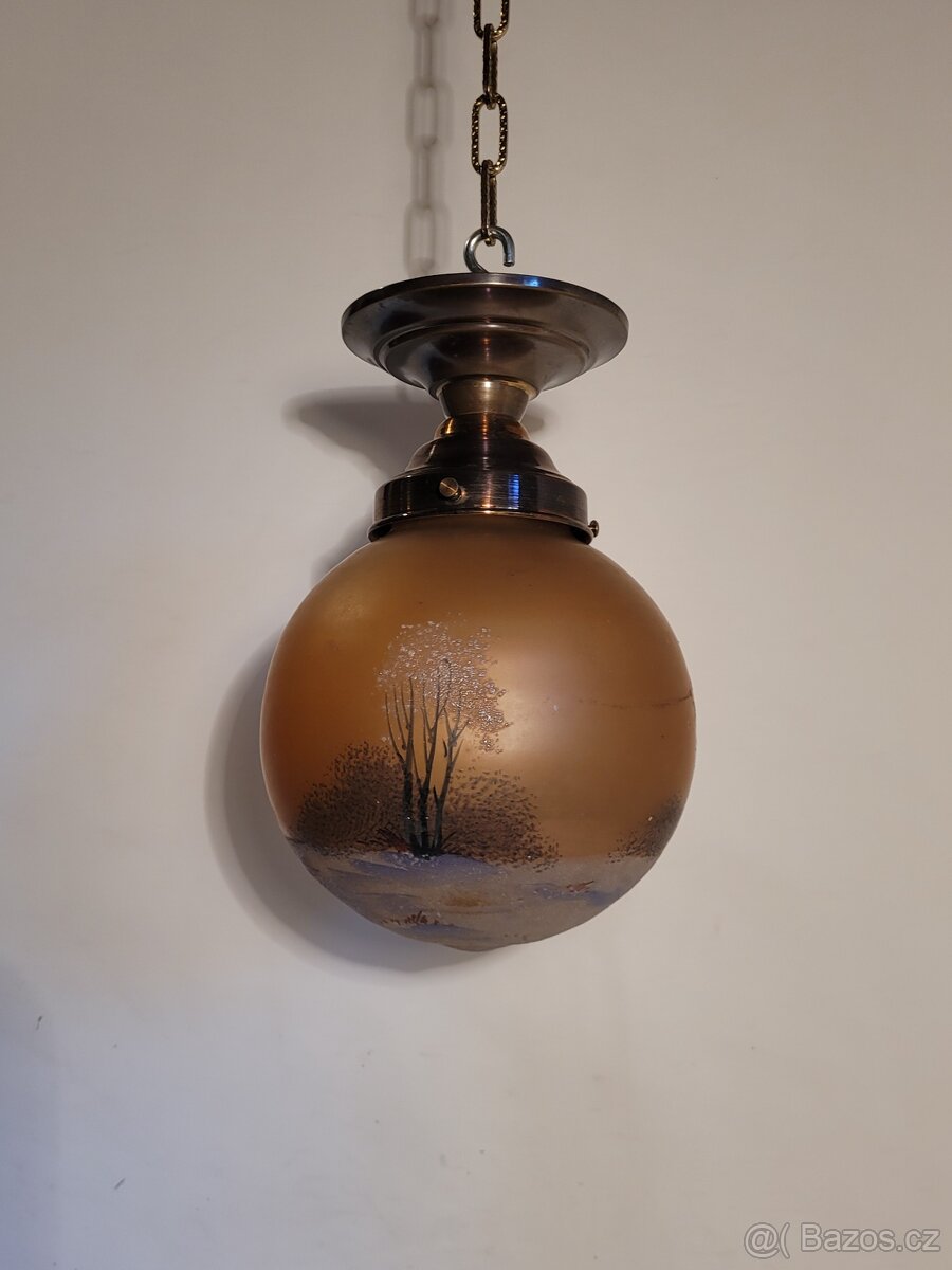 stará mosazná stropnice, lustr, malované stínidlo - 5