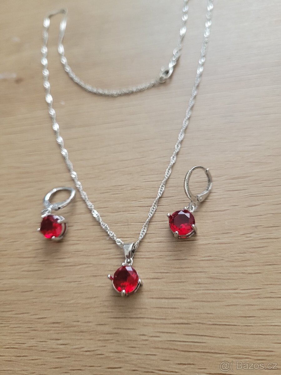 Nová dámská stříbrná červená sada šperků - 5
