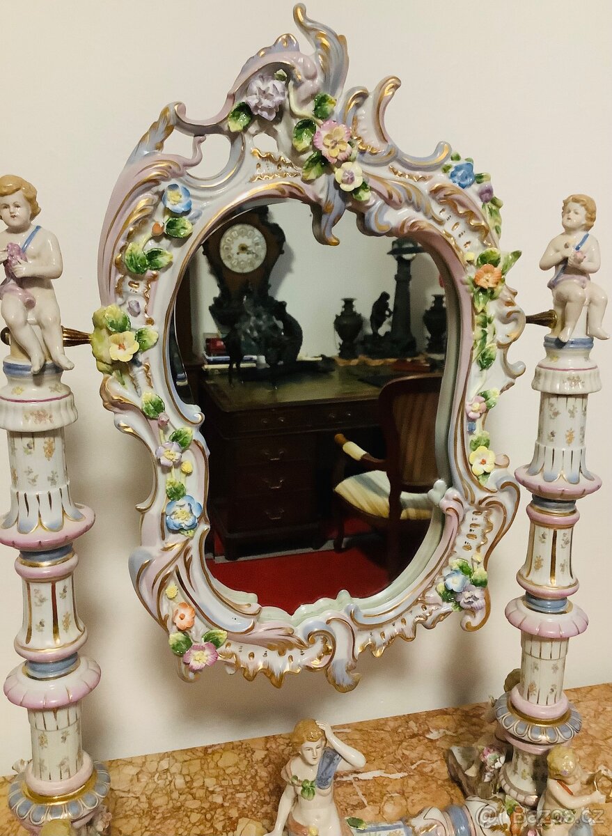 Staré porcelánové stolní zrcadlo Německo - 5