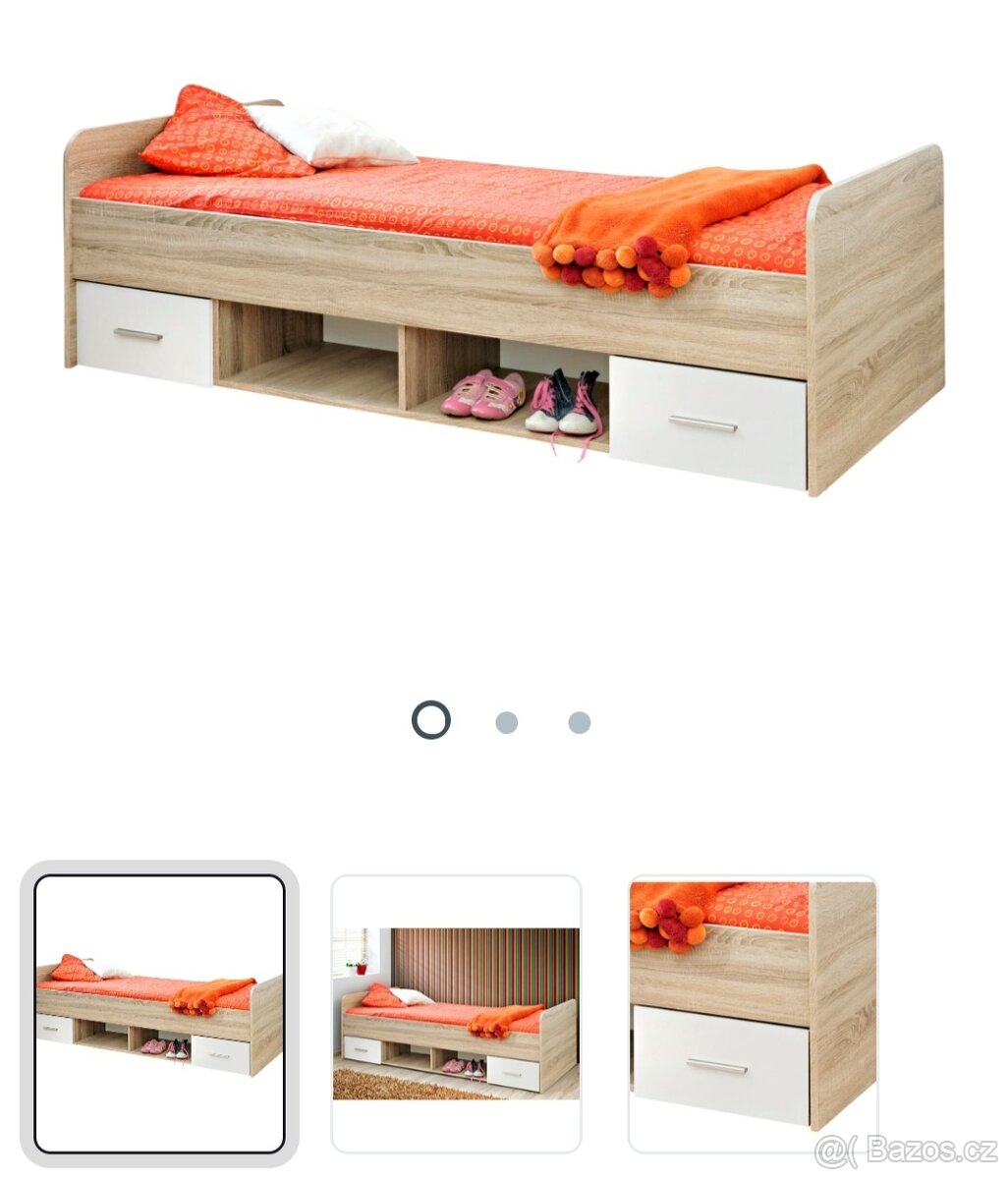 POSTEL, 90/200 cm bílá, Sonoma dub + rošt - 5