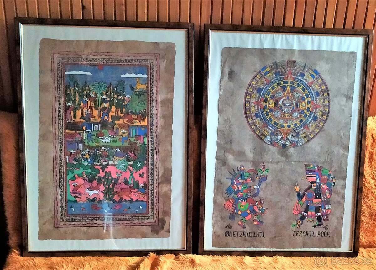 Nabízím dva originál. Aztécké obrazy na amate papíře - 5
