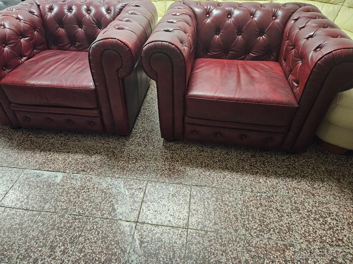CHESTERFIELD ŠTÝL,BORDOVOČERVENÁ KOŽENÁ SEDAČKA 3+1+1 - 5