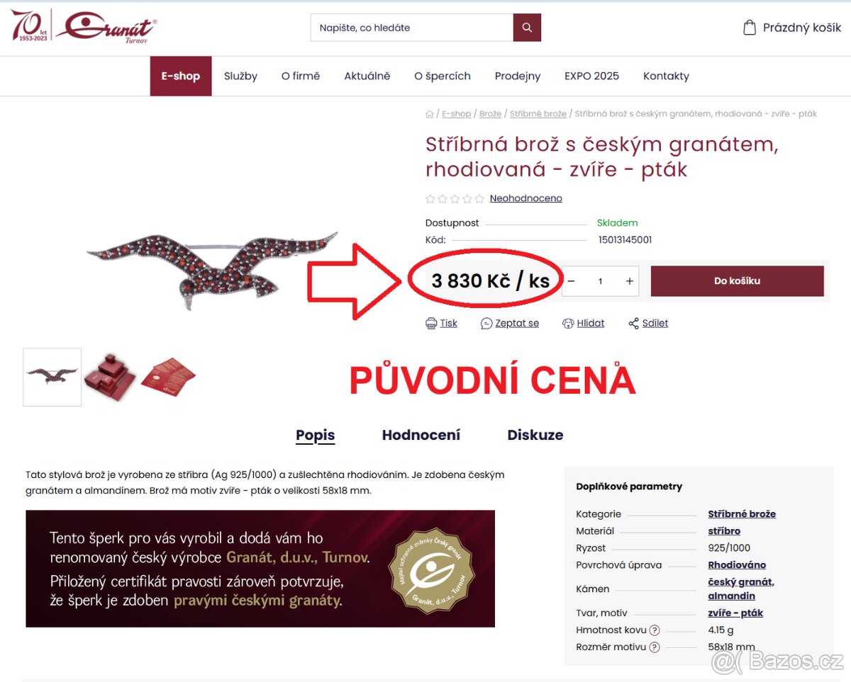 Nový šperk český granát a stříbro, brož unisex pánská dámská - 5