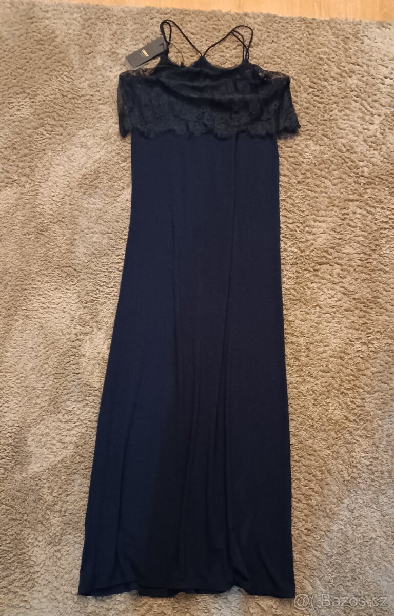 DLOUHÉ TMAVĚ MODRÉ ŠATY S KRAJKOU - 5