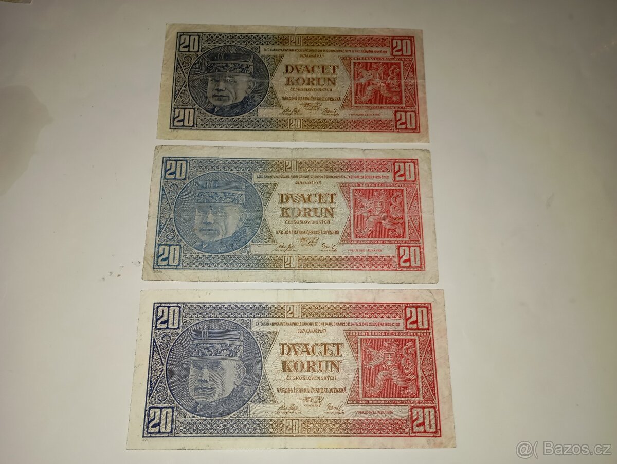 BANKOVKY 20 KČS 1926, NEPERFOROVANÉ, RŮZNÉ SÉRIE - 5