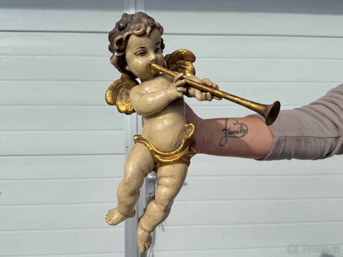 Dřevěná XXL socha anděla v páru polychromie 31cm - 5