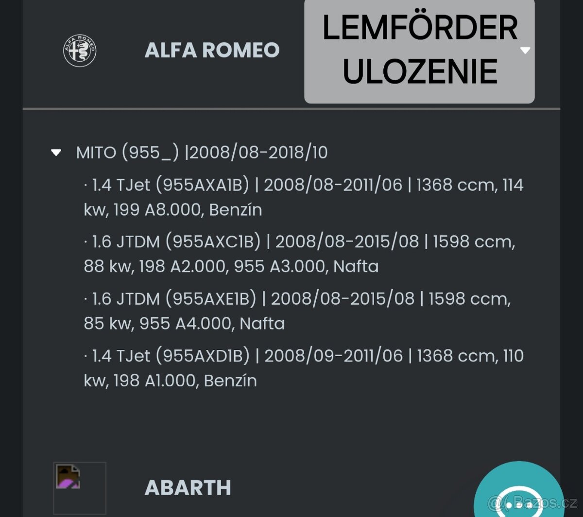 Ulozenie Motora Fiat, Alfa Romeo, Opel, Abarth. - 5