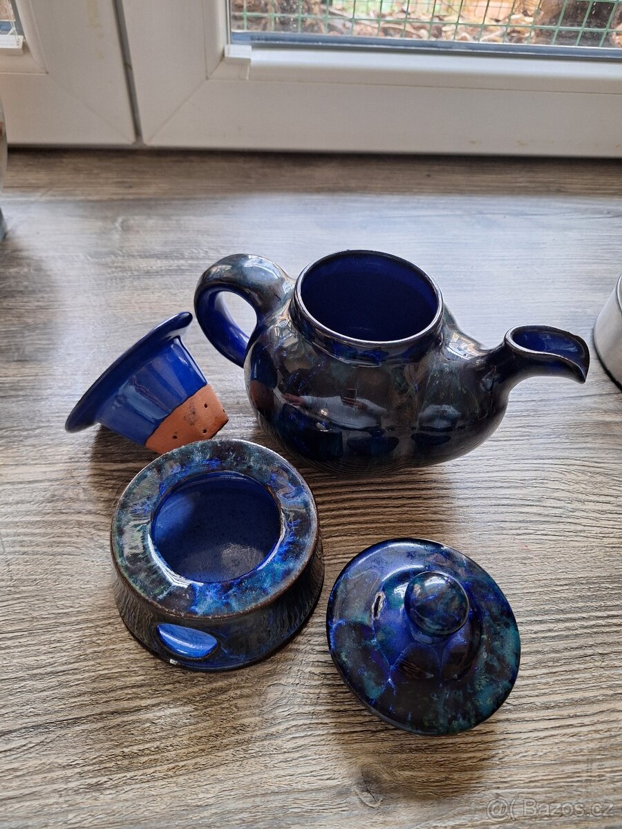 Čajová konvička s cedníkem, ohřívačem a hrnečkem, keramika - 5