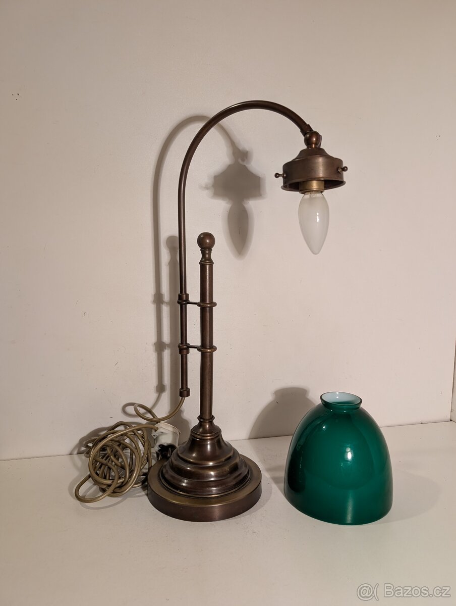 mosazná lampička, lampa, zelené stínidlo, bankéřka - 5