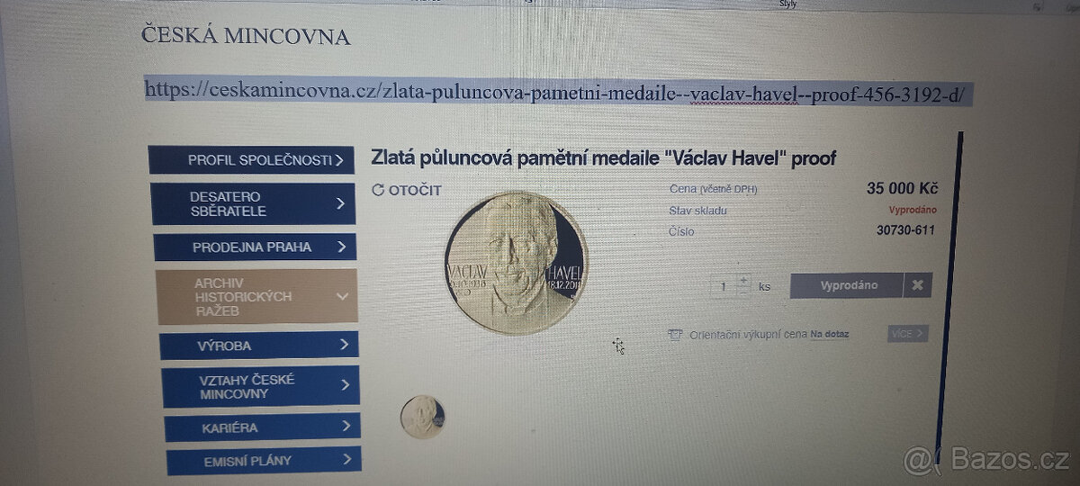 Zlatá pamětní medaile Václav Havel 2012 1/2oz 999,9 Au proof - 5