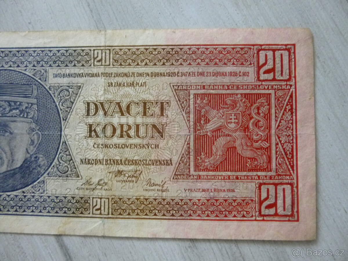 Stará BANKOVKA 20 Kčs, RAŠÍN/ŠTEFÁNIK r. 1926 série Uf - 5