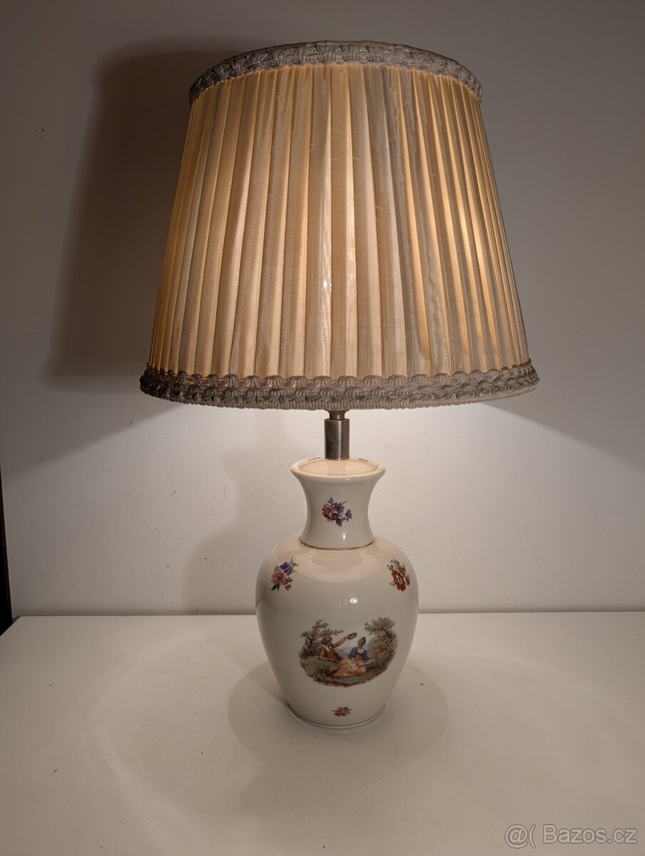 porcelánová stará malovaná lampička, látkové stínidlo - 5
