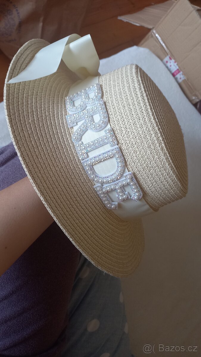 Bride klobouk - slaměný klobouk s mašlí a nápisem bride - 5