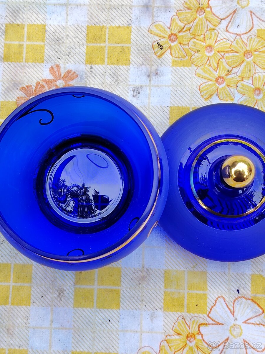 Skleněná modrá cukřenka se zlatým motivem - 5