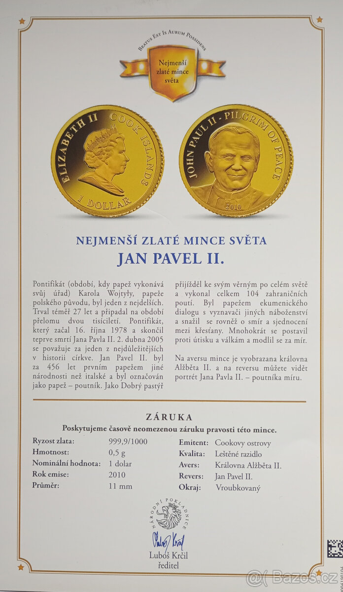Zlatá medile – Jan Pavel II. (2010), Proof, 0,5 g Au 999,9 - 5