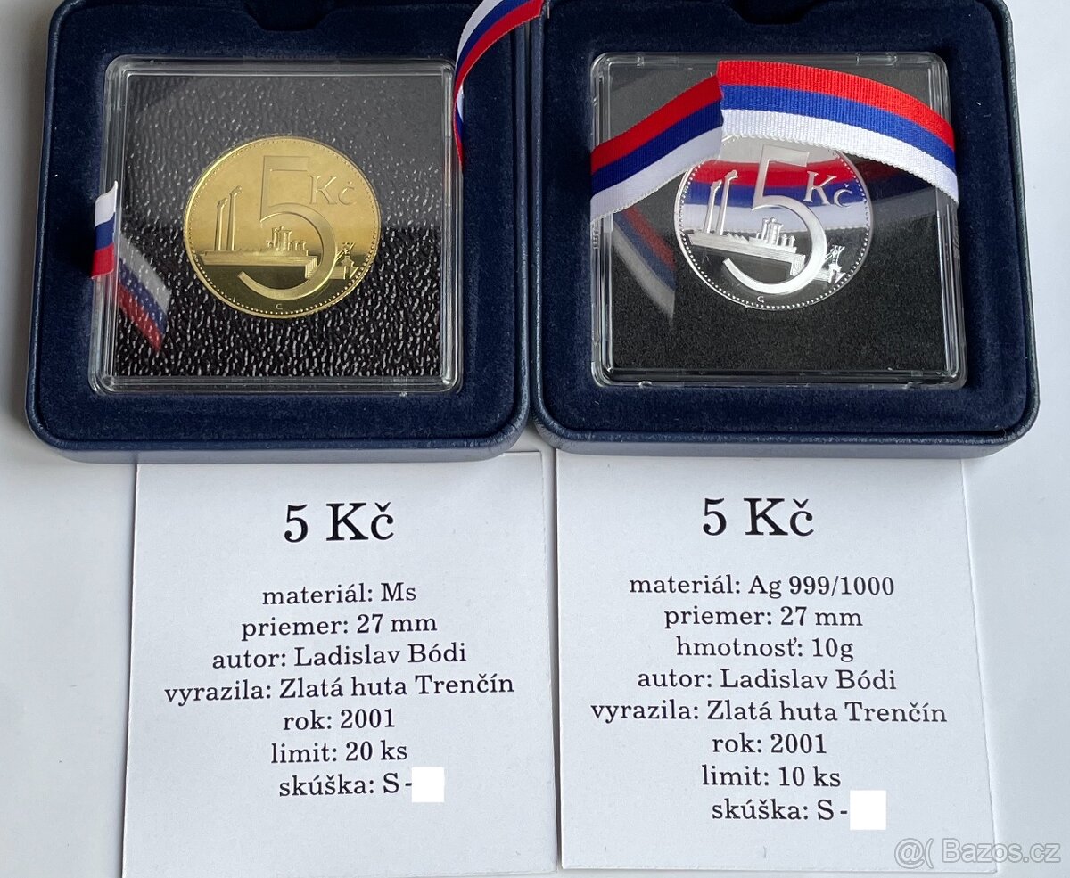 Au, Ag, Cu, Ms ZKUŠEBNÍ ODRÁŽEK - 5Kč 1937 / 2001-TOP - 5