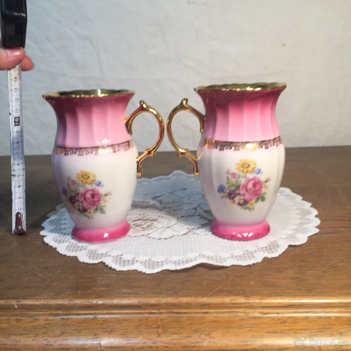 šálek pár růžový porcelán Slavkov neobvyklý tvar Top stav - 5