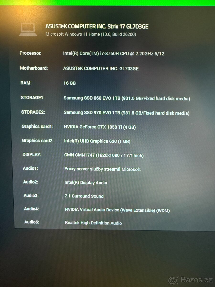Herní Asus ROG Strix GL703GE 17"/i7/m2 1TB /16GB/GTX1050ti - 5