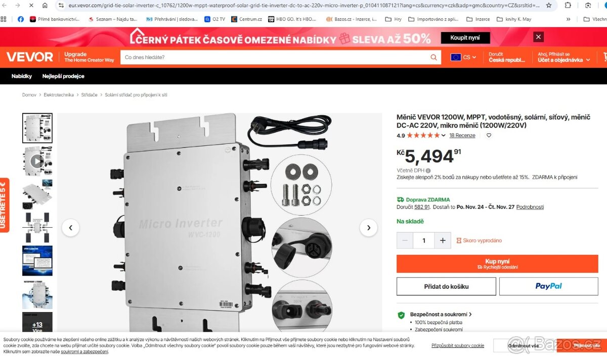 Měnič VEVOR 1200W, MPPT, vodotěsný, solární, síťový, měnič D - 5