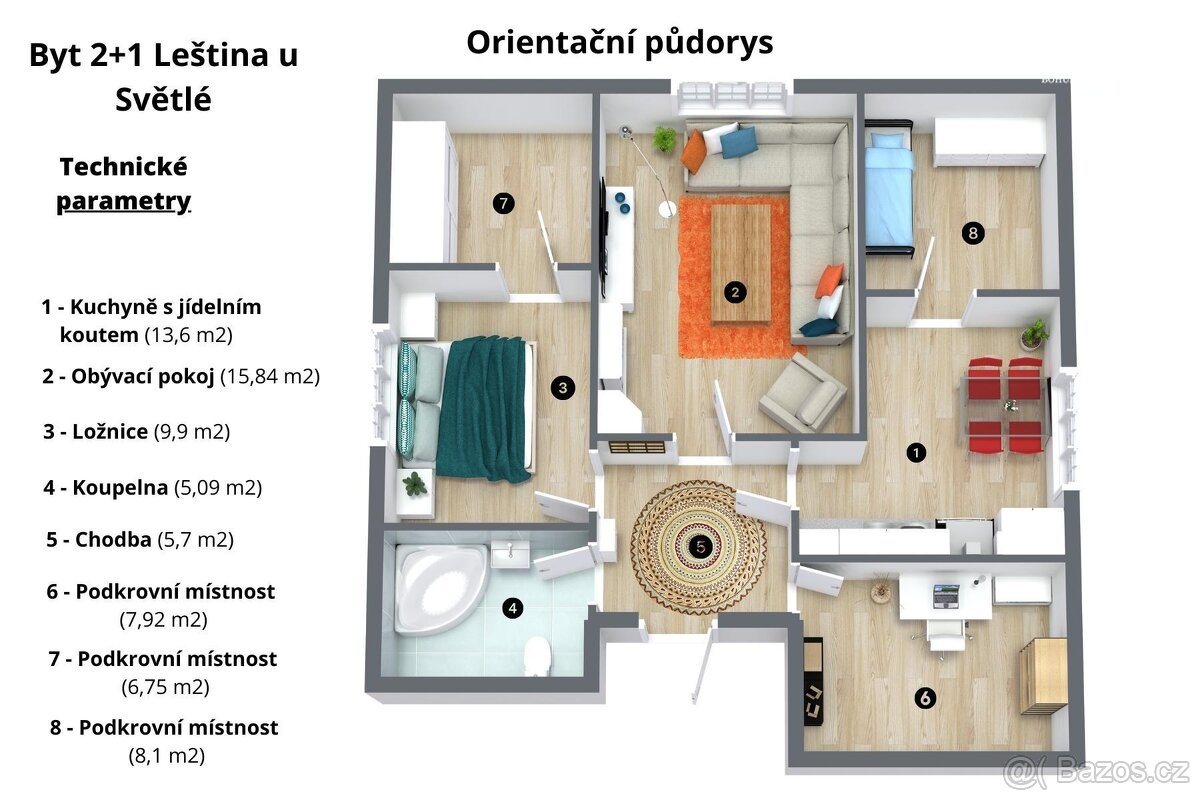 Pronájem bytu 3+1, 73 m2, Leština u Světlé - 5