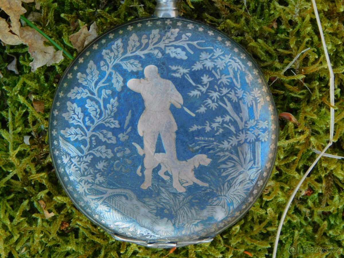 Starožitné stříbrné tulové kapesní hodinky myslivecký motiv - 5