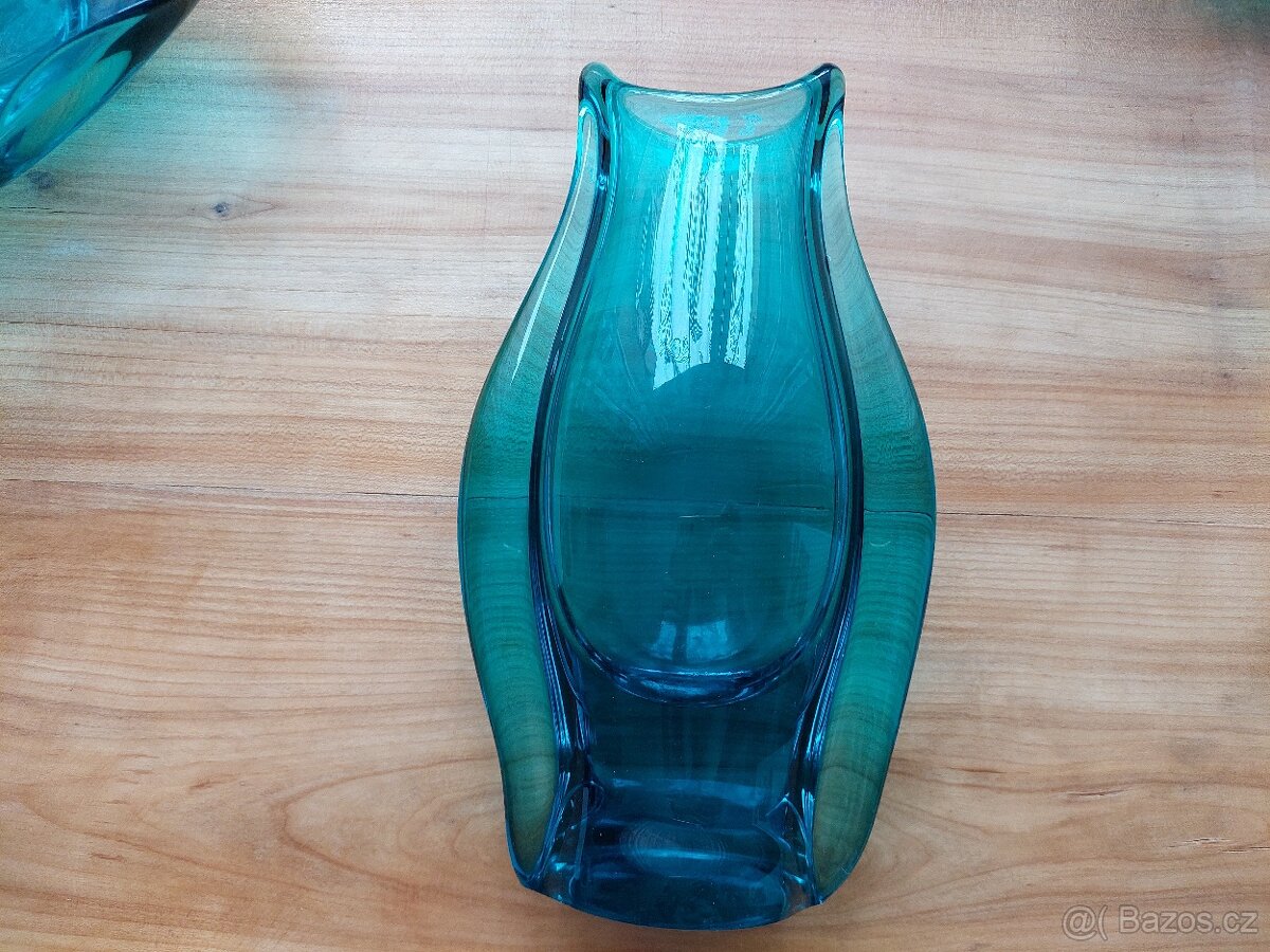 Luxusní skleněná antik váza + mísa + popelník zelené sklo - 5