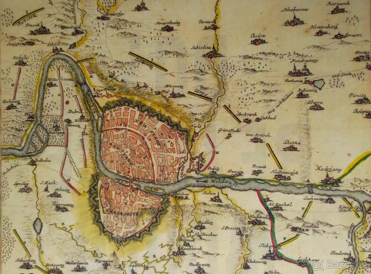 HISTORICKÁ MAPA PRAHY 1742 / obraz 33 x 43cm / - 5