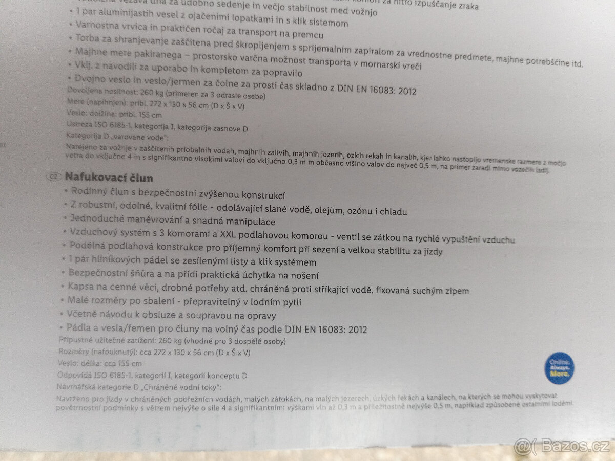 Nový nafukovací člun + 2 vesla, 272cm dlouhý, nosnost 260kg - 5
