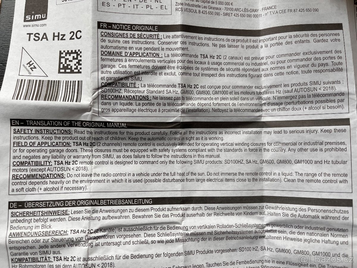 Dálkový ovladač na rolety a garážová vrata SIMU Control - 5