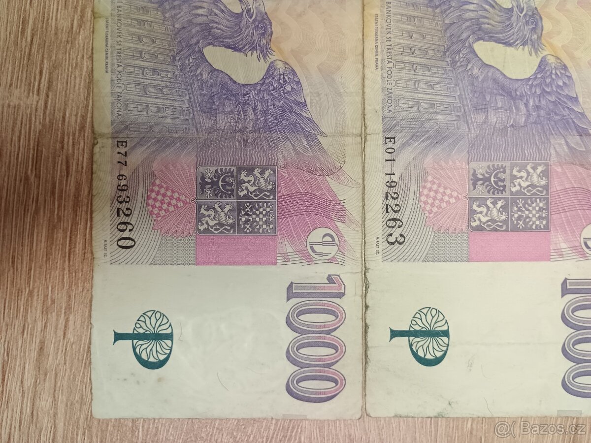 Bankovky 1000 Kč vzácná série E 01,77– 2 ks, originál - 5