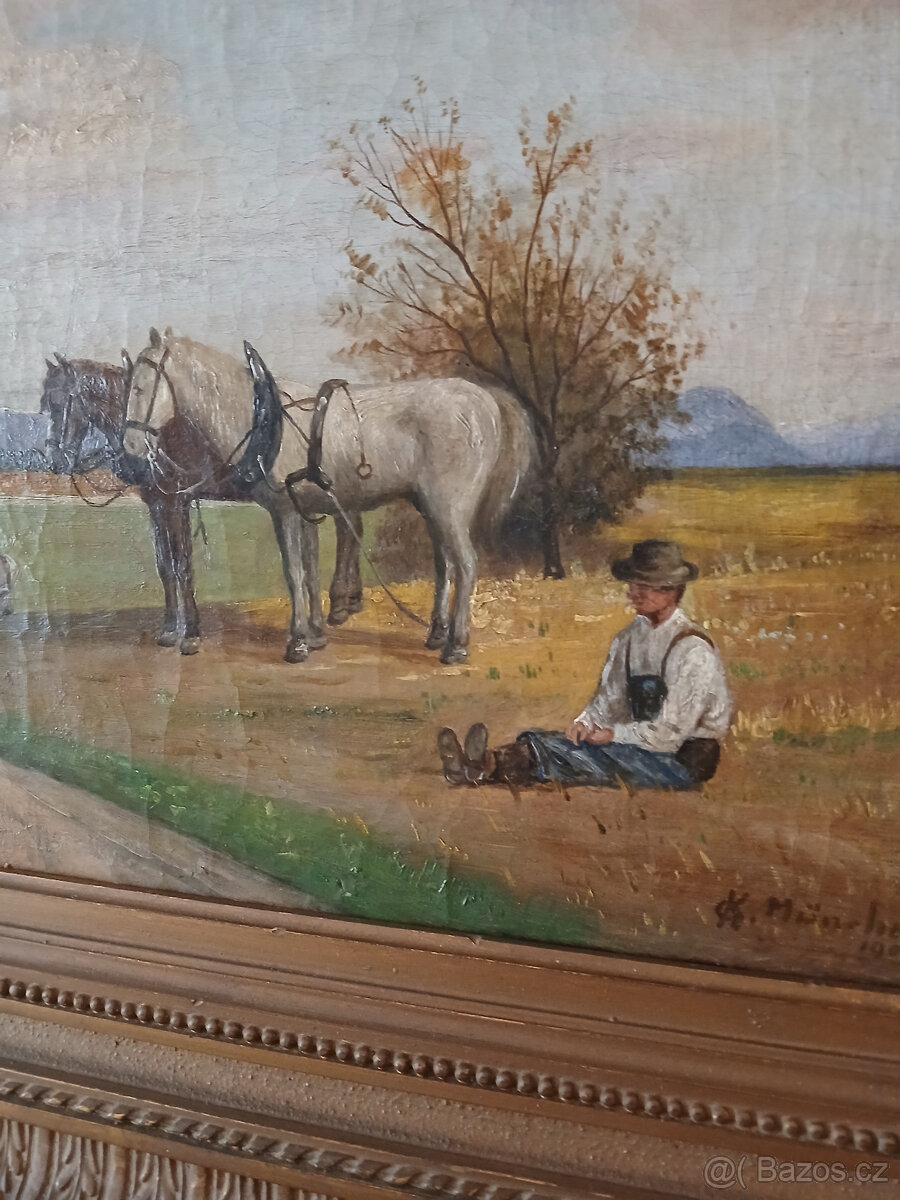 Starožitný obraz signovaný rok 1900 ze zadu štítek malíře. - 5