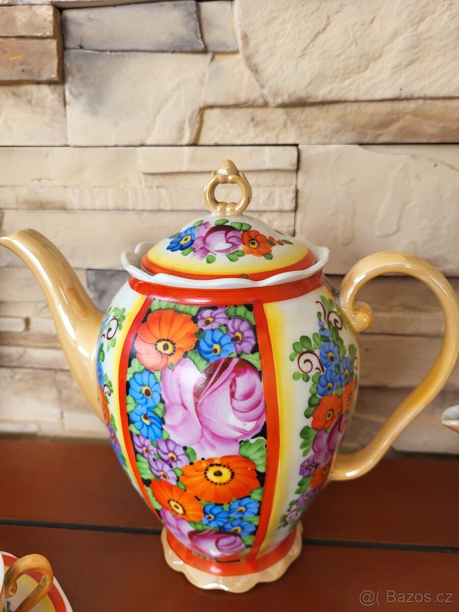 STAROŽITNÁ KOVOVÁ SOUPRAVA ART DECO- RUČNĚ MALOVANÁ - 5