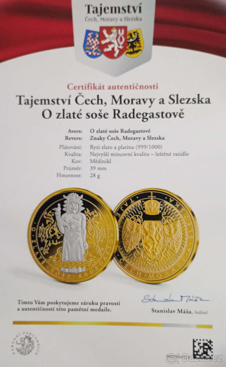 Pamětní medaile O zlaté soše Radegastově | zlato & platina | - 5