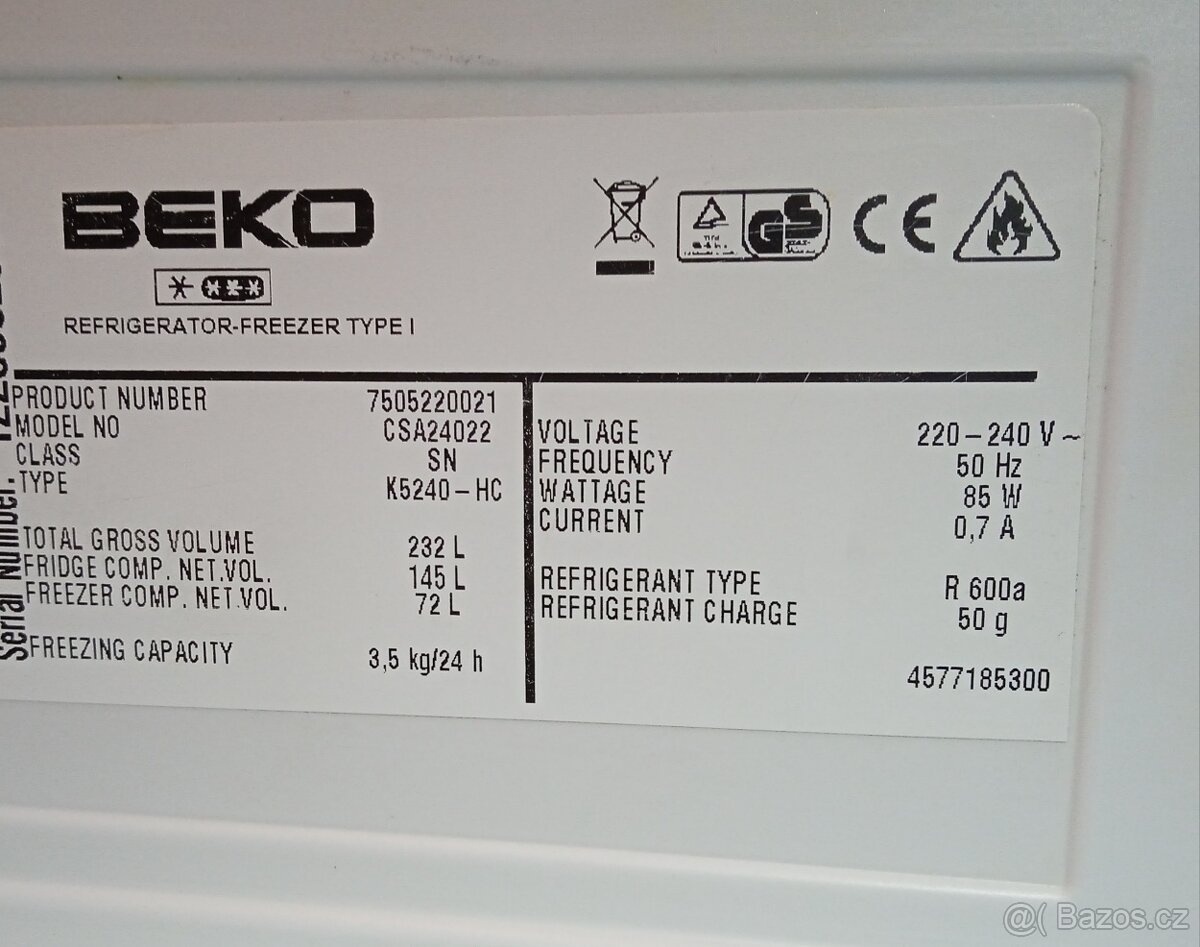 Kombinovaná chladnička s mrazničkou Beko 232 L, (Prodáno) - 5