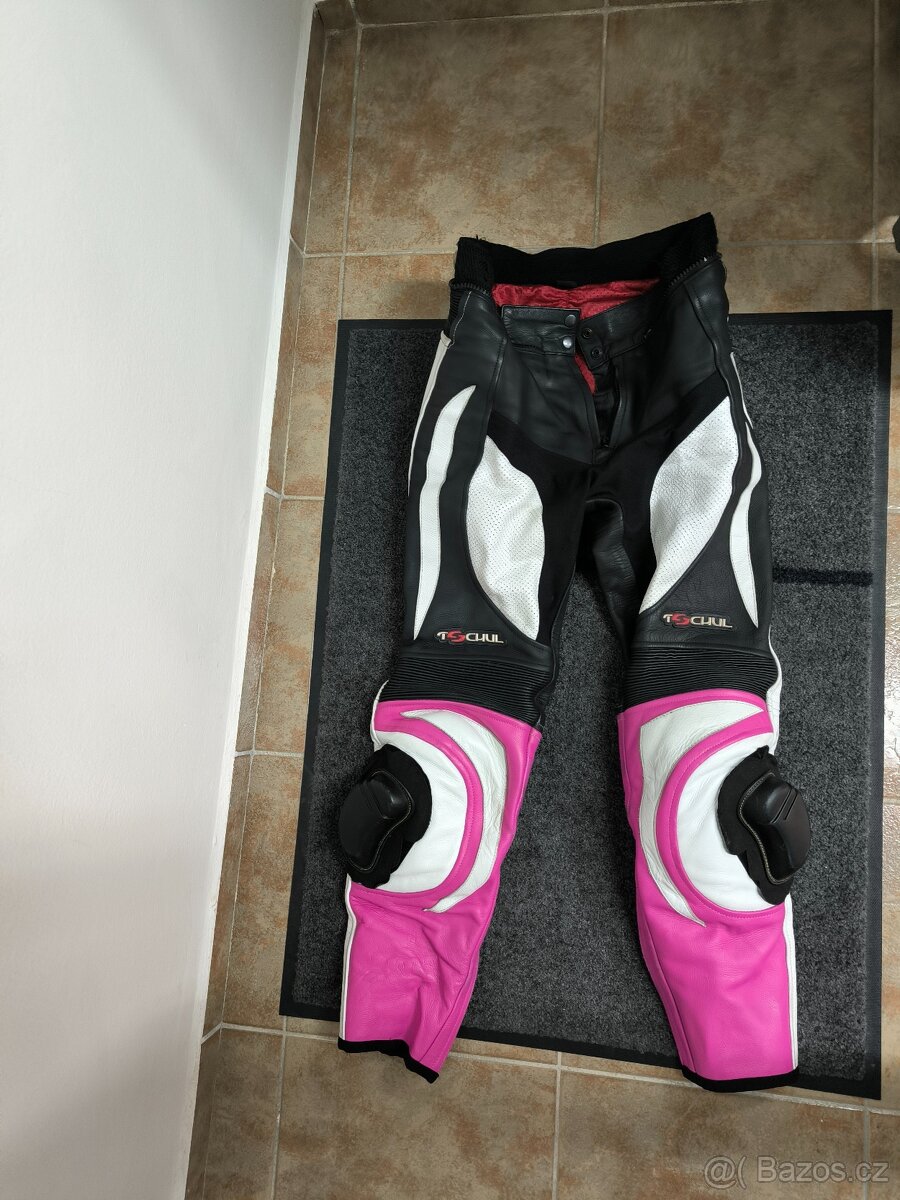 Dámská dvoudílná kožená kombinéza TSCHUL, černo-bílo-RŮŽOVÁ, - 5