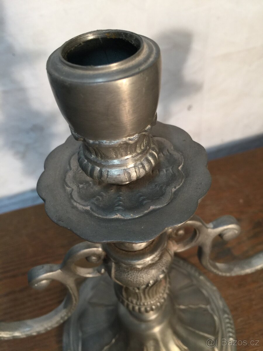 Velký cínový svícen 4 x punc. Krásný masivní cín. - 5